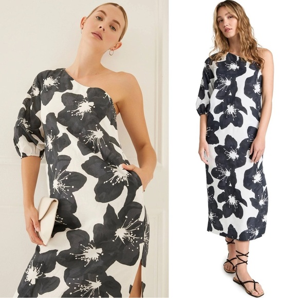 SOMETHING NAVY Floral Print Linen Cotton One Shoulder Puff Sleeve Column Gown L - Picture 5 of 13